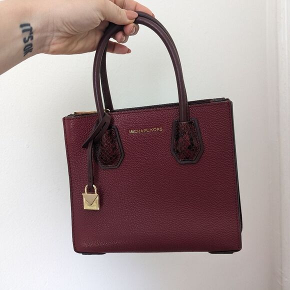 Michael Kors oxblood burgundy leather snakeskin embossed small Mercer tote bag - Picture 2 of 10